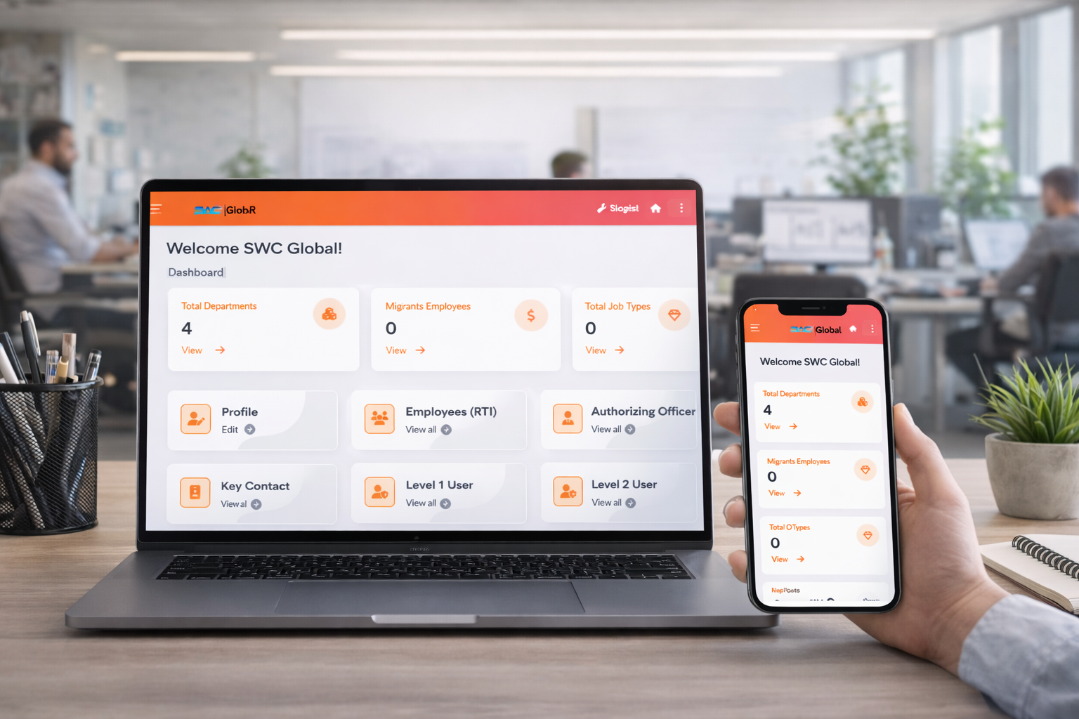 
                Responsive SponicHR HRMS dashboard interface shown across laptop, tablet, and mobile devices with employee working office background                